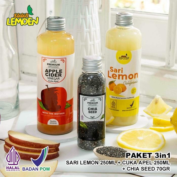 

BEST SELLER PAKET 3IN1 CUKA APEL 250ML , SARI LEMON 250ML, CHIA SEEDS 70GR - SUUR LEMOEN JAKARTA