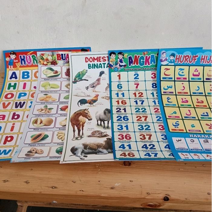 

New paket 5 poster edukasi umum ( huruf angka buah hewan hijaiyah)