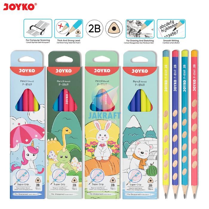 

New (12 Pcs) Pensil Tulis Kayu 2B Segitiga JOYKO P-8149 Groove Super Grip Warna Warni Triangle