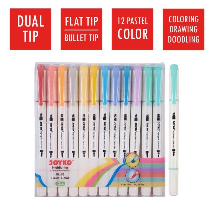 

New (12 Pcs) Spidol Highlighter Marker Pastel 12 Warna 2 in 1 JOYKO HL-55 Dual Tip