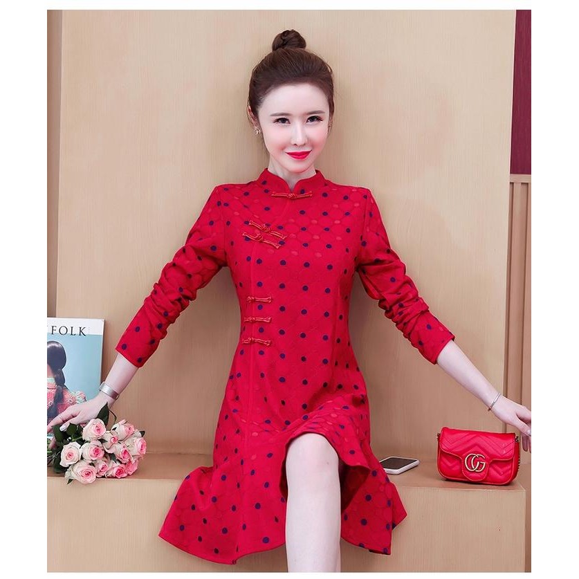 Cheongsam Dress Midi Imlek Merah Polkadot Jumbo Big Size Qipao