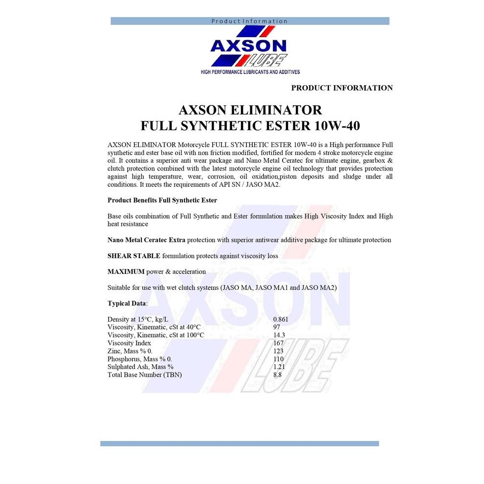 Axson Full Synthetic Ester Eliminator 10W-40 Oli Motor Manual