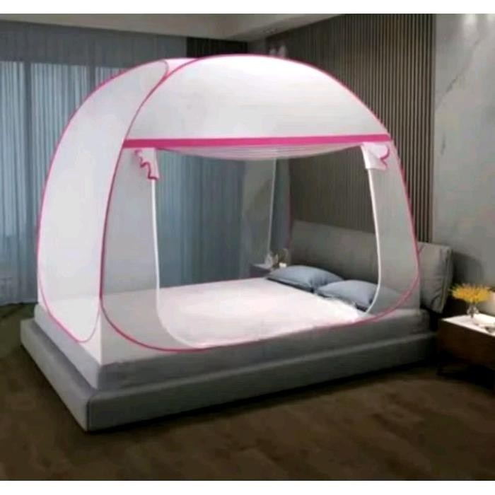 Kelambu Lipat Dewasa Anti Nyamuk Jumbo Ukuran 200x200 Hitam Kain Portabel Flat Weave Rangka Baja