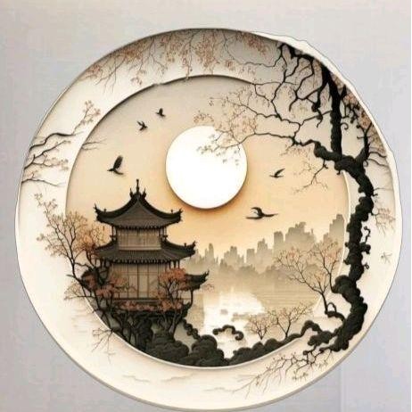 Lukisan Dinding Pemandangan Jepang Bulat,Hiasan Dinding Aesthetic Ern Kayu Frame