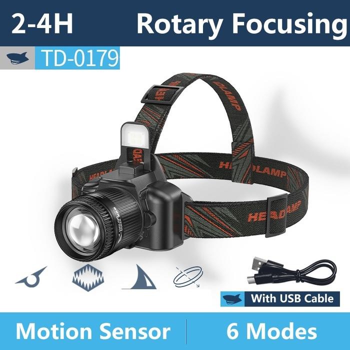 Senter Kepala Led Smiling Shark Td-0179 - 6 Mode Cahaya - Super Terang - Sensor - Digital Display