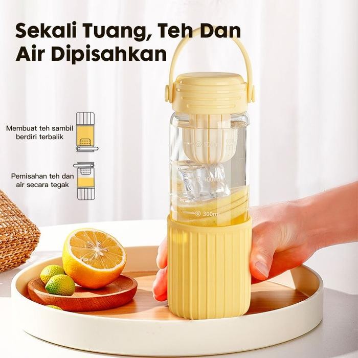 Botol Minum Kaca Tumbler Infused Water Buah 600Ml Transparan Botol Air Pemisahan Teh