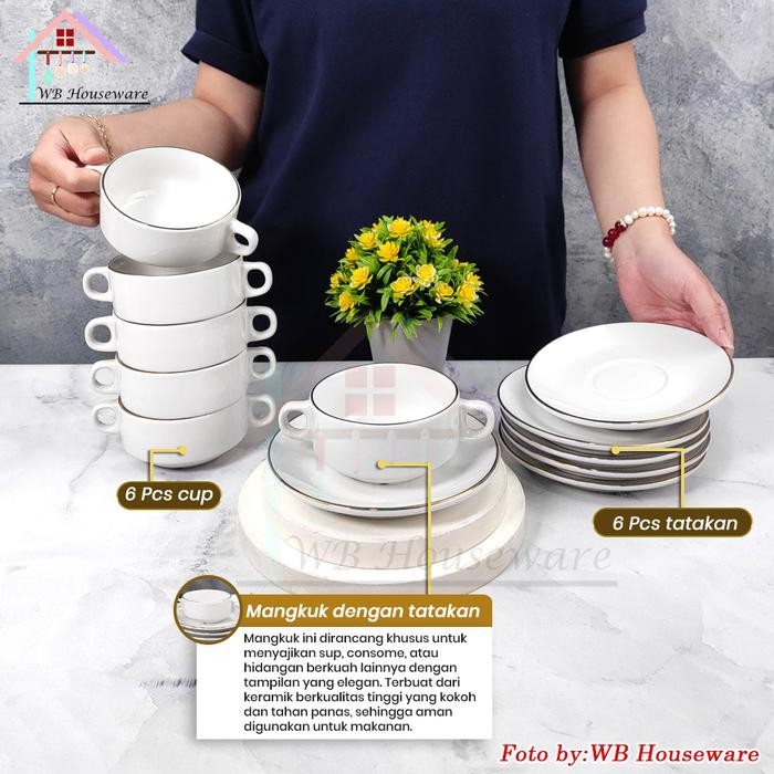 Bit 6 Pasang Mangkok Kuping Consome Porcelain Warna Putih Lis Mas / Soup Cup And Saucer Zuppa Soup