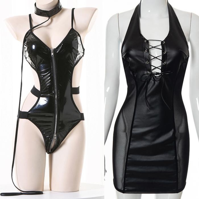 Lingeire Seksi Kulit Pu Backless Mini Dress Model Eropa Amerika