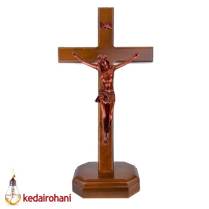 Salib Duduk Kayu Jati Patung Corpus Tubuh Yesus Inri 23 Cm Tembaga