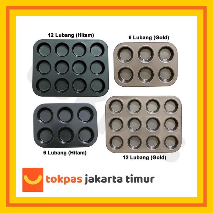 Loyang Muffin Teflon Hitam dan Gold Cetakan Kue Cupcake Bolu Bulat Kitchenw Best Seller Unik Kekinia