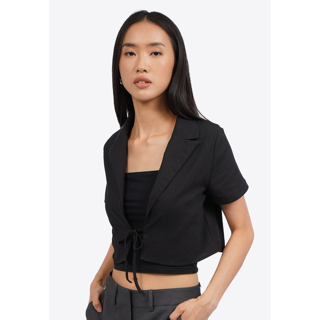 COLORBOX Front Tie Short Sleeve Crop Blazer Black