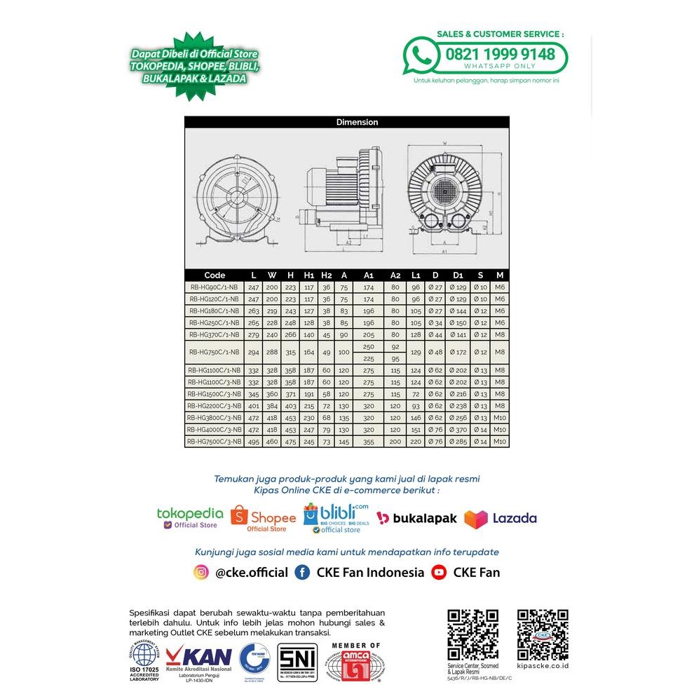RING BLOWER TYPE RB-HG750C/1 220V 750W BLOWER