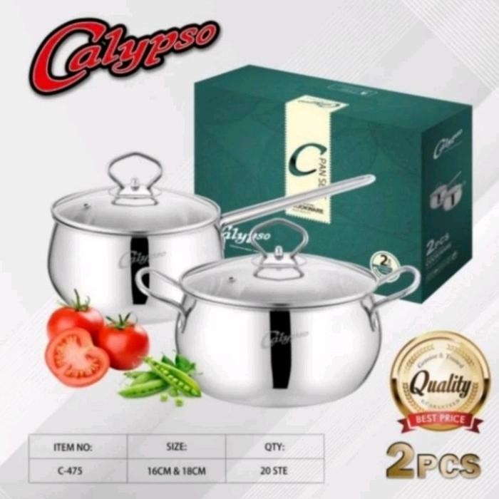 PREMIUM panci set calypso 2pcs stainless + tutup kaca tebal