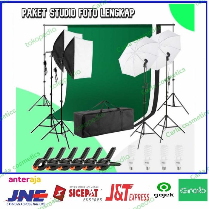 Paket Lengkap Background Foto Studio Backdrop Green Screen Lighting