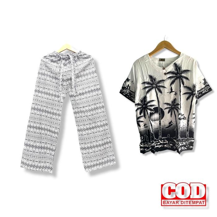 Setelan baju pantai/ setelan pantai pria wanita/ setelan celana panjang pantai santai
