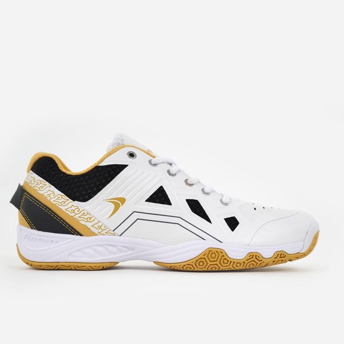 Flypower Losari 06 Sepatu Badminton Pria Wanita White Black Gold Ringan, Anti Slip, Nyaman Cocok