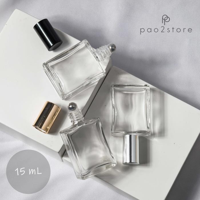 Botol Roll On 15ml - Kaca TEBAL Kotak Pipih - Bola Roller Besi Stainless - Parfum Essential Oil