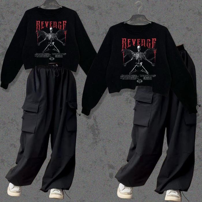 ONE SET REVENGE SWEATER CROP - JOGGER POCKET JOLLY WANITA SET TERBARU Crop Top Lengan Tangan Panjang