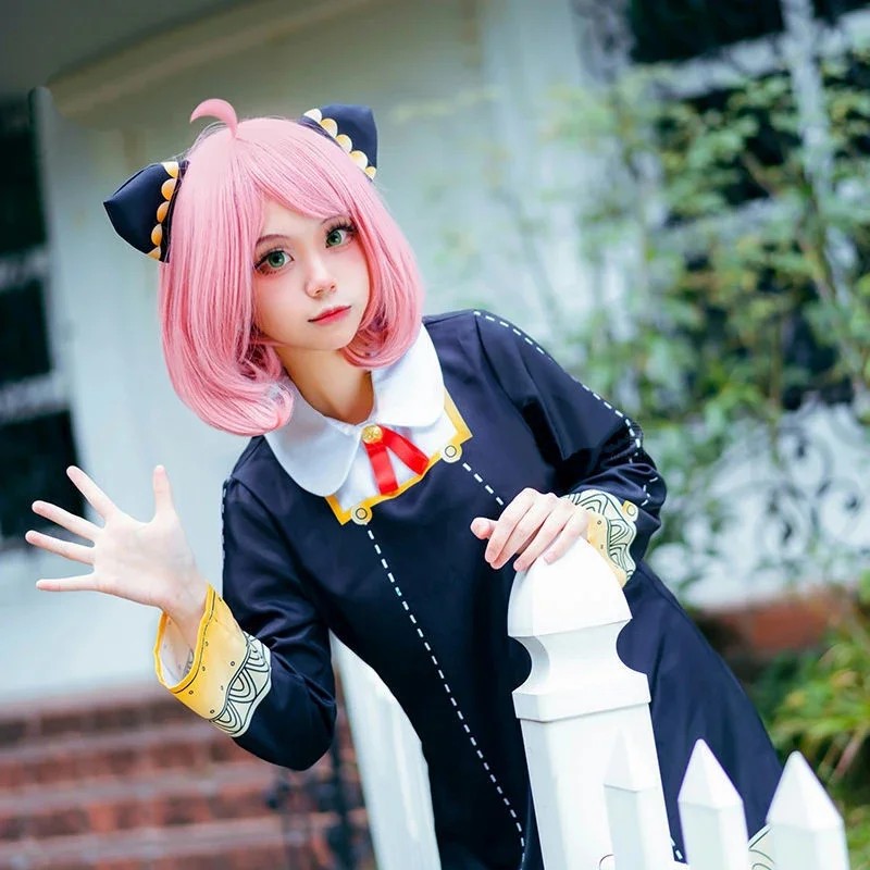Adults Kids Anime Spy Family Anya Forger Cosplay Costume Black Dress Girls Uniform Pink Wig Hairpin