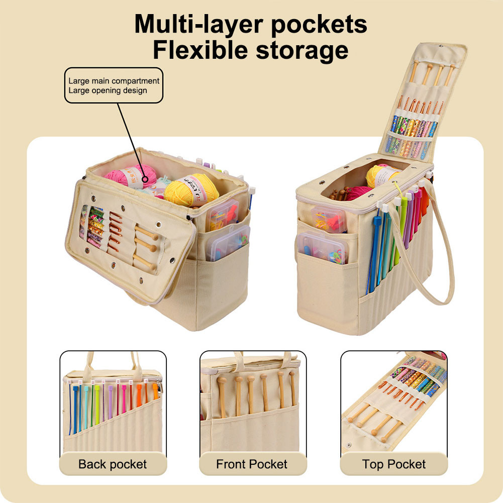 

Canvas Yarn Storage Bag Large Capacity Knitting Bag Solid Crochet Bag with Multi-layer Pockets for
