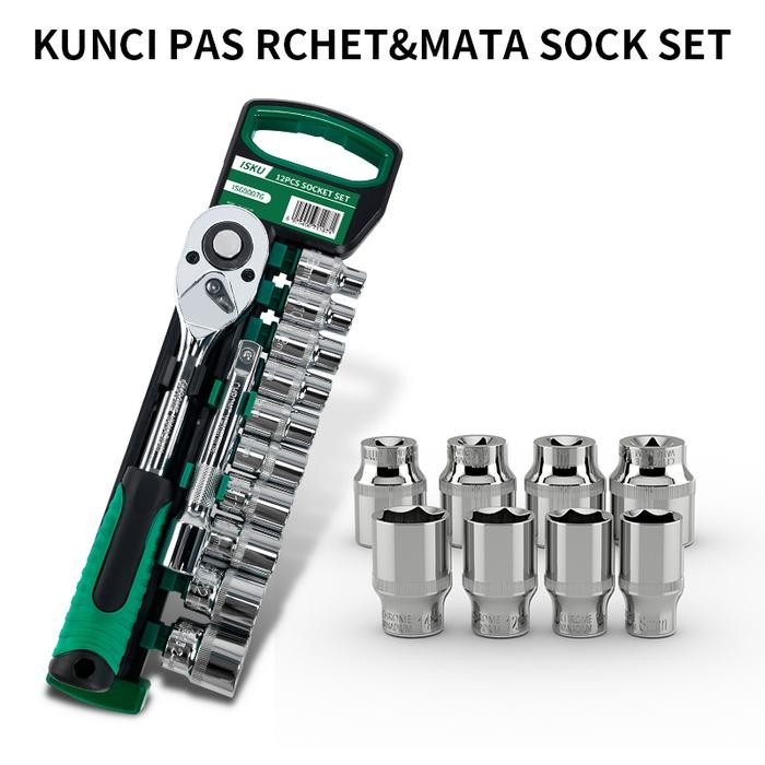 ISKU Kunci Sok Set CR-V 12 PCS Kunci Sok Wrench 1/2" Rachet Kunci Set