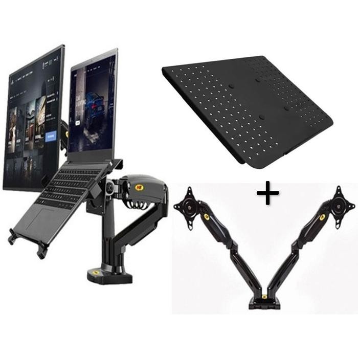 bracket monitor meja double Arm NBF160 dan Tray Laptop Breket Monitor