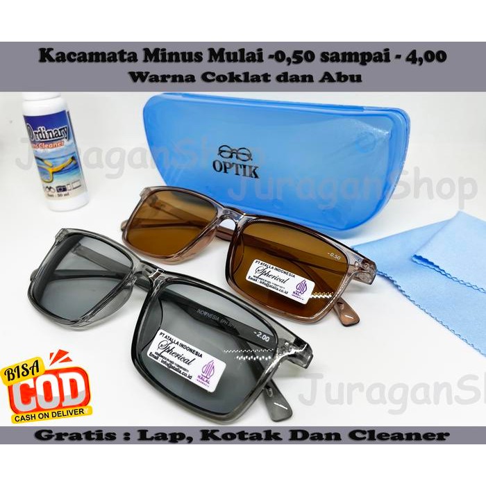 KACAMATA MINUS MODEL KOTAK WARNA ABU DAN COKLAT, MINUS 0,50 SAMPAI 4,00. FREE LAP, KOTAK DAN CAIRAN