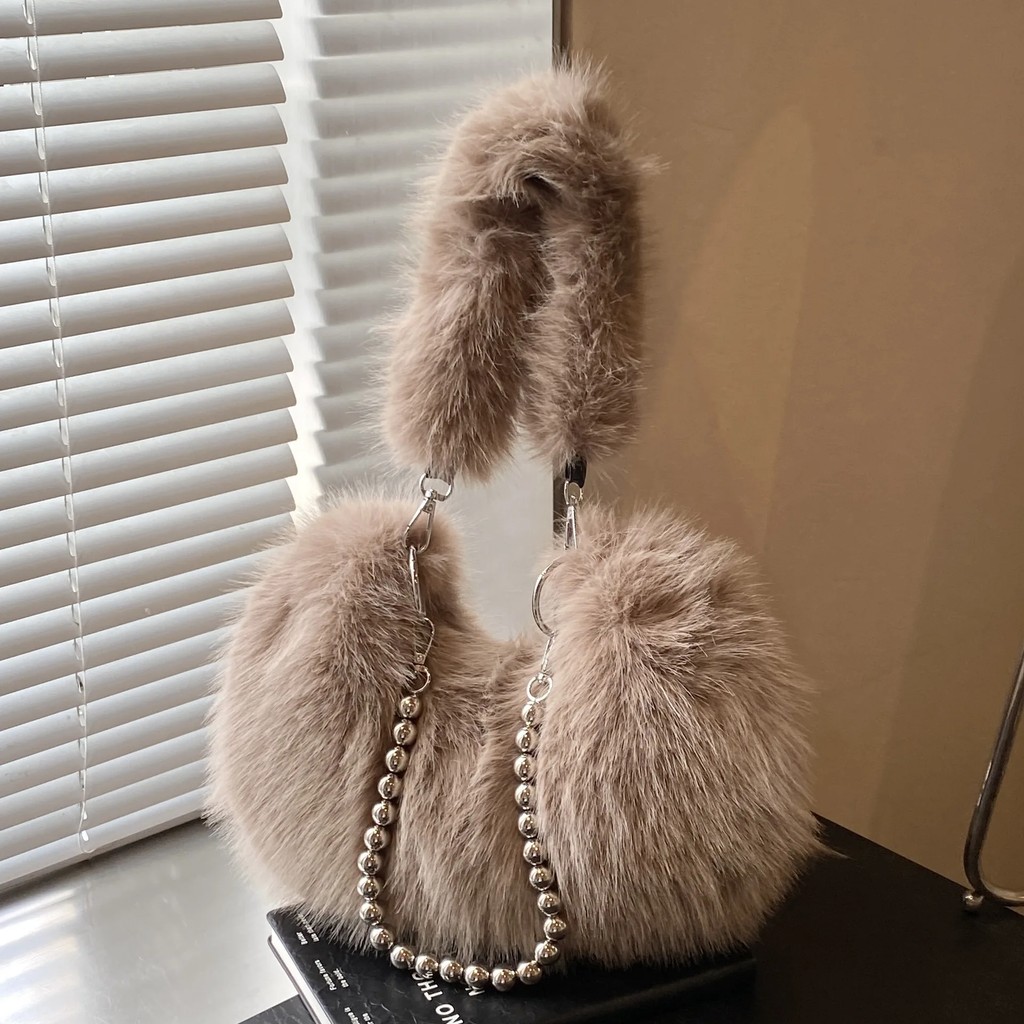 Baru Plush Women Armpit Purse with Chain Fluffy Versatile Shoulder Bag Faux Fur Fashion Underarm Bag
