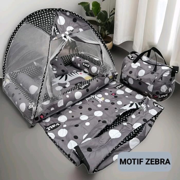 Fullset Kasur bayi kelambu tenda motif Zebra + Tas + Gendongan Kasur bayi 1 set lengkap Bantal