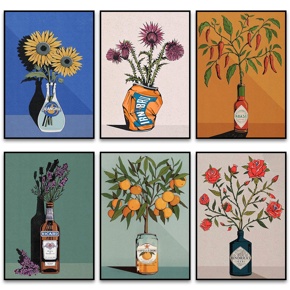 Lemon Tree And Beer Wall Art Poster Flowers Inserted In Wine Bottles Funny Decorative Paintings