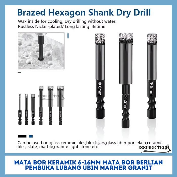 Mata Bor Diamond Holesaw Drill Bit 6-16Mm Hexagonal Dry Drill Bit Pelubang Keramik Kaca Akrilik