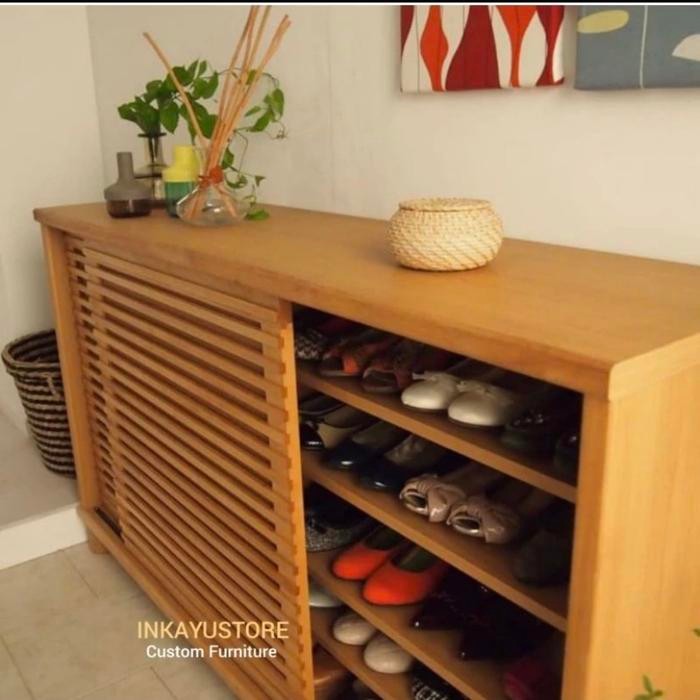 (Expres) Lemari sepatu minimalis kayu jati solid, Almari sepatu kayu jati solid