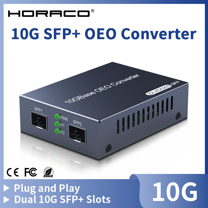 HORACO 10GbE SFP+ OEO Media Converter Dual 10G SFP+ Slots 100M/1G/2.5G/10GBase-T Fibre Media Convert