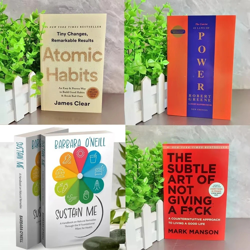 Hot selling book collection: Atomic Habits, Sustain me, 48 Laws of Power, The mountain is you,origin