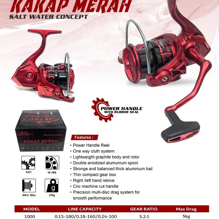 REEL POWER HANDLE SALT WATER MURAH GETSU KAKAP MERAH SW 1000 2000 7000