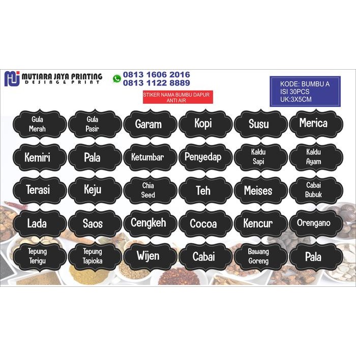 MARI MILIKI- STIKER BUMBU DAPUR WATERPROOF, STIKER NAMA KEPEMILIKAN BARANG ANTI AIR