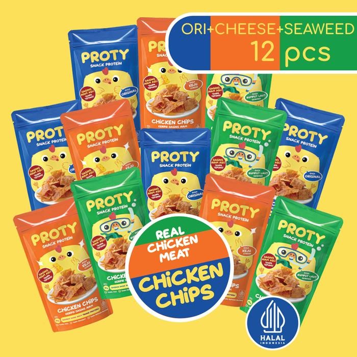

Snack Anak Sehat PROTY Chicken Chips Ori(4 pcs)+Keju(4 pcs)+RumputLaut (4 pcs) Cemilan Berprotein