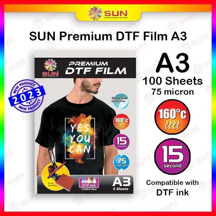 

Kertas Film Sablon DTF Transfer Paper A3 75 micron - SUN Premium DTF Film A3 isi 100 Lembar ( untuk