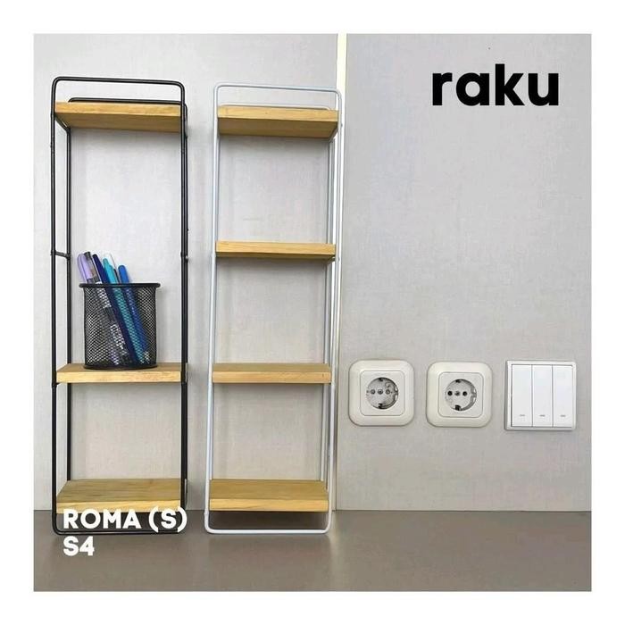 Rak susun minimalis tiang besi ambalan kayu