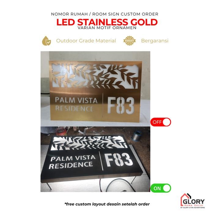 GHD Nomor Rumah LED Laser Cut Stainless Gold Custom variasi Motif Ornamen