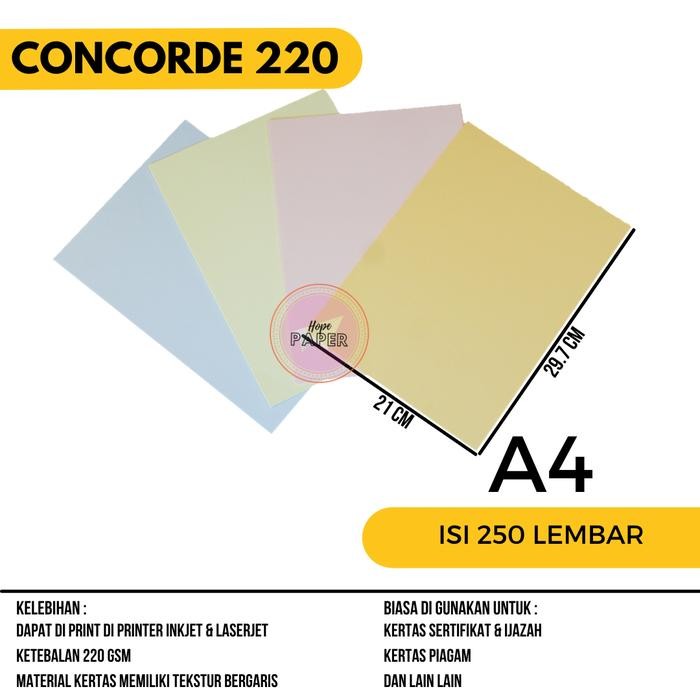 

Kertas Concorde 220 Gsm ukuran A4 (21cm x 29.7cm) - isi 250 lembar