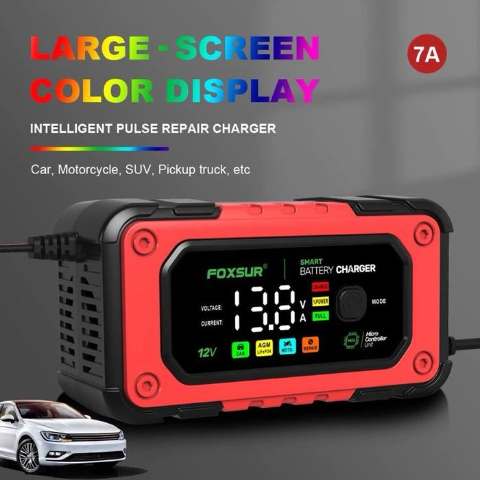 FOXSUR CHARGER AKI MOBIL MOTOR 12V 7A SMART CHARGER DIGITAL DISPLAY