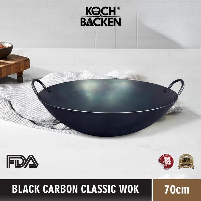 Koch&Backen Black Carbon Steel Classic Wok Round Bottom 70Cm - Wajan Penggorengan Kuali Baja Anti
