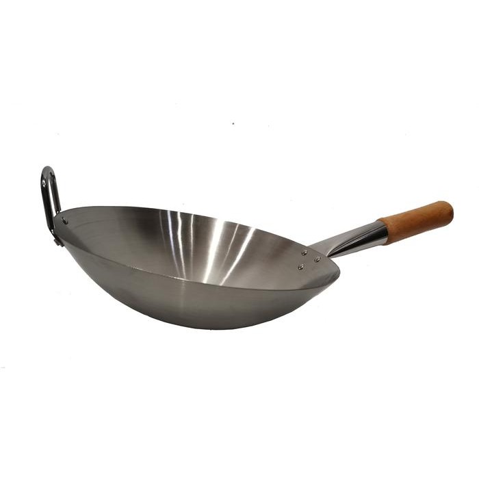 Wajan Wok Penggorengan Stainless Steel Gagang Kayu - 30Cm Gratisongkir