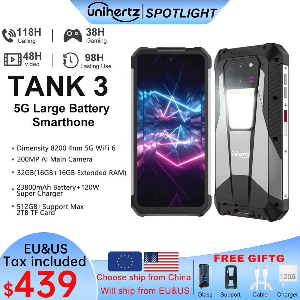 US AU EU Stock Unihertz 8849 Tank 3 Rugged 5G Smartphone 32GB 512GB 23800mAh 120W Charger Dimensity