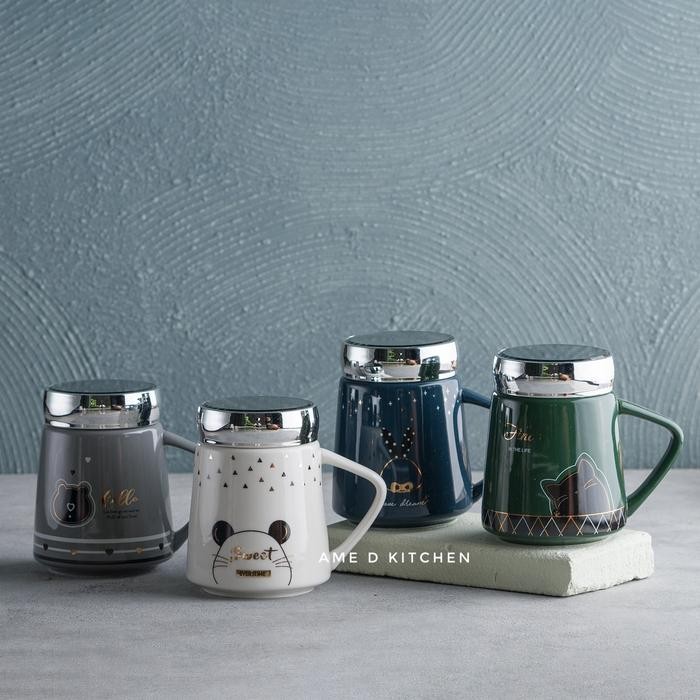 Mug bijian animal cute keramik tutup putar stenliss XI 904-2