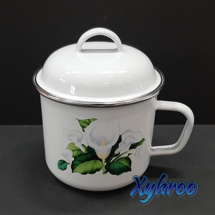 Cangkir Mug Gelas Enamel 14cm Bunga Tulip Putih
