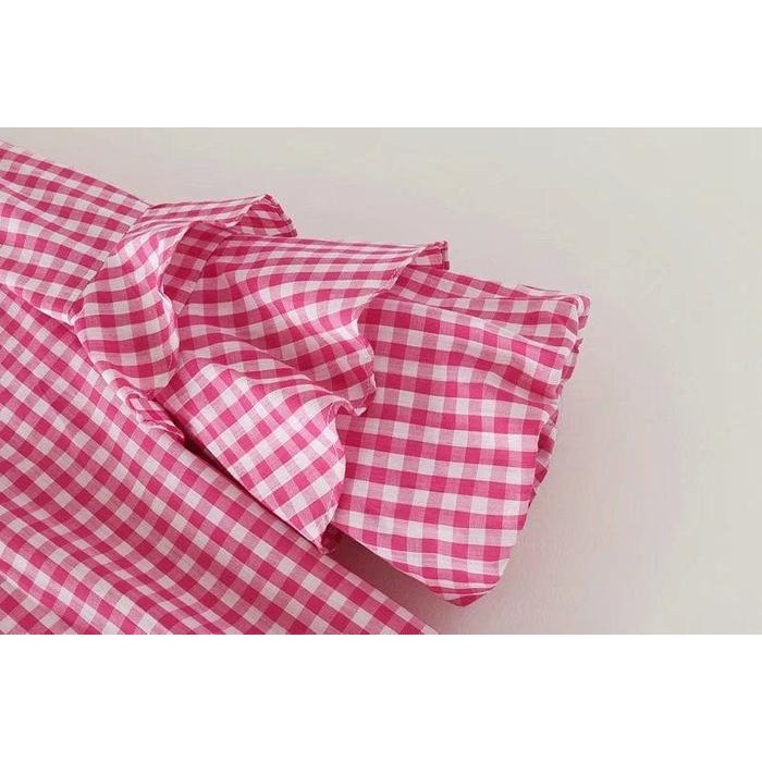 Baju Atasan Wanita Blouse Kotak Lengan Balon Merah Putih Biru Import Terbatas