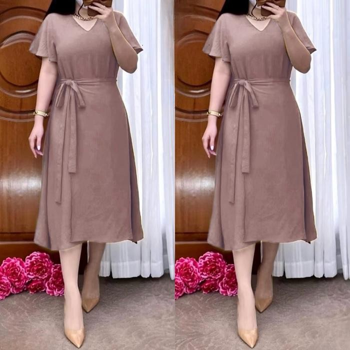 Dres Polos Wanita Bahan Airflow Crinkle Panjang - Casual Baju Pendek, Bodycon Daster Harian - Midi