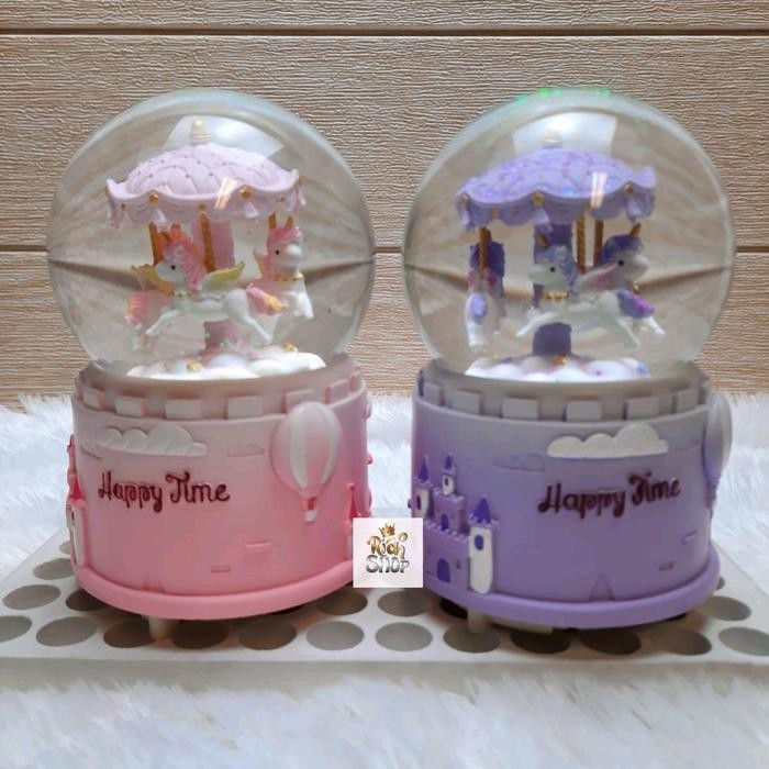 Snowball Unicorn Kotak Musik Lampu Bola Air Kaca Kristal Salju Snowglobe Waterball